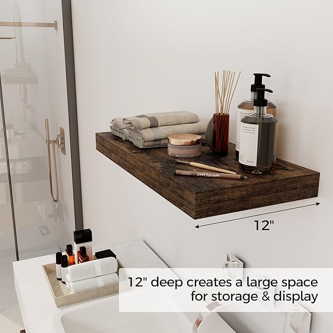 12 Inch Deep Floating Shelves, 24 x 12 Floating Shelf for Books, Rustic Wood Deep Wall Shelves for Home Storage & Display, 2" Thicked Shelves for Kitchen, Living Room, Bedroom, Rustic Brown, 2 Pack-Ruum Studio Home