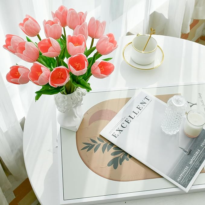 Mandy's Artificial Tulips 12 Stems Light Pink Partially Open PU Faux Flowers for Wedding Home Decor 13.5 Inch-Ruum Studio Home