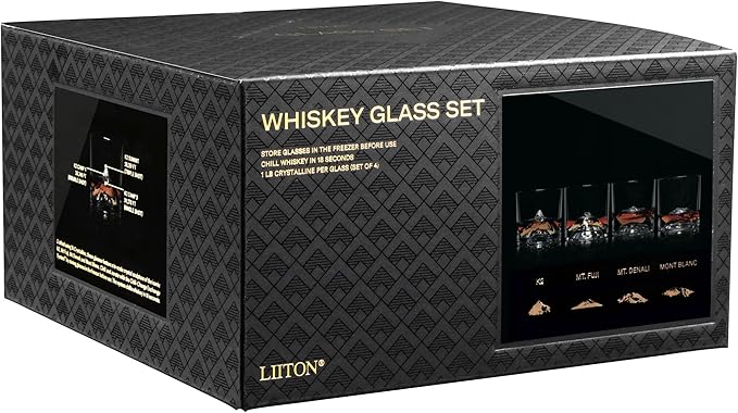 The Peaks Heavy Crystal Whiskey Glasses Gift Set of 4, Thick Freezable Bourbon Glass 1lb Each, Premium Whiskey Gifts for Men, Frozen Crystal Chills Cocktails, 10 oz-Ruum Studio Home