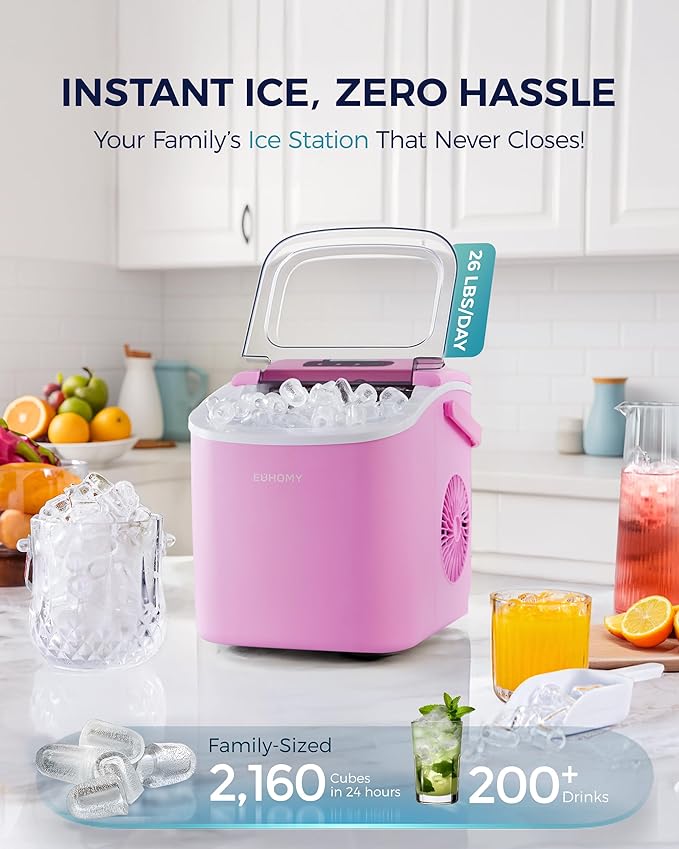 EUHOMY Countertop Ice Maker Machine with Handle, 26lbs in 24Hrs, 9 Ice Cubes Ready in 6 Mins, Auto-Cleaning Portable Ice Maker with Basket and Scoop, for Home/Kitchen/Camping/RV. (Pink)-Ruum Studio Home