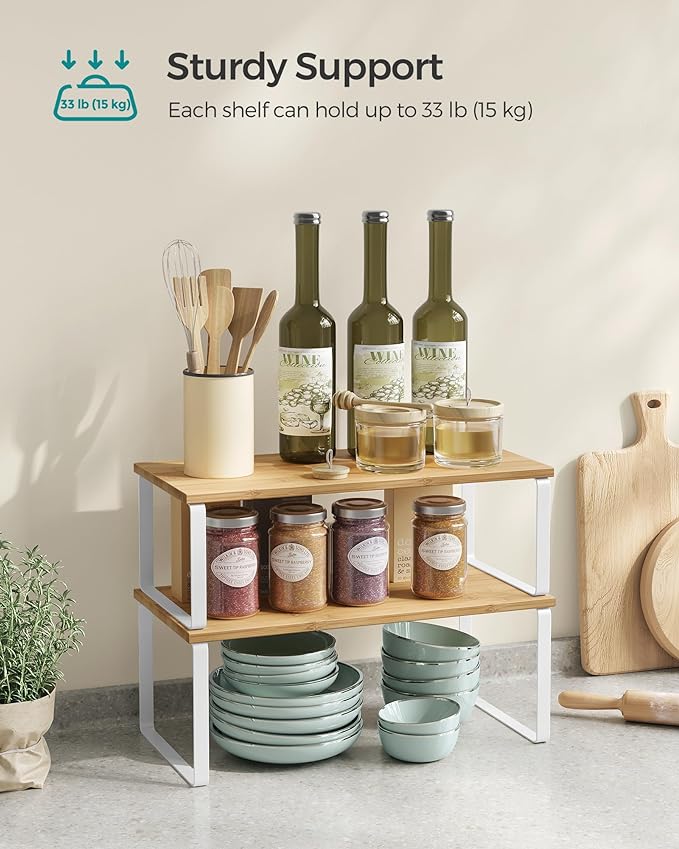 SONGMICS Cabinet Organizer Shelf, Set of 2 Kitchen Counter Shelves, Kitchen Storage, Spice Rack, Stackable, Expandable, Metal and Engineered Wood, Cloud White and Natural Beige UKCS200W01-Ruum Studio Home