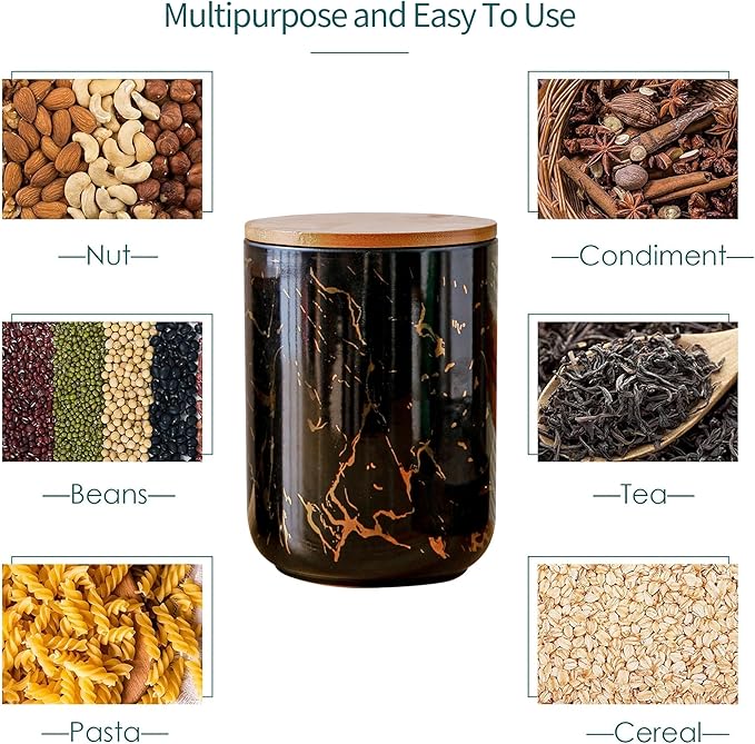 Ceramic Canister Set with Bamboo Airtight Lids, 3-Piece Kitchen Storage Jars (48oz, 30oz, 12oz) – Black with Gold Marble Pattern, Glossy Finish, for Coffee, Sugar, Flour & More-Ruum Studio Home