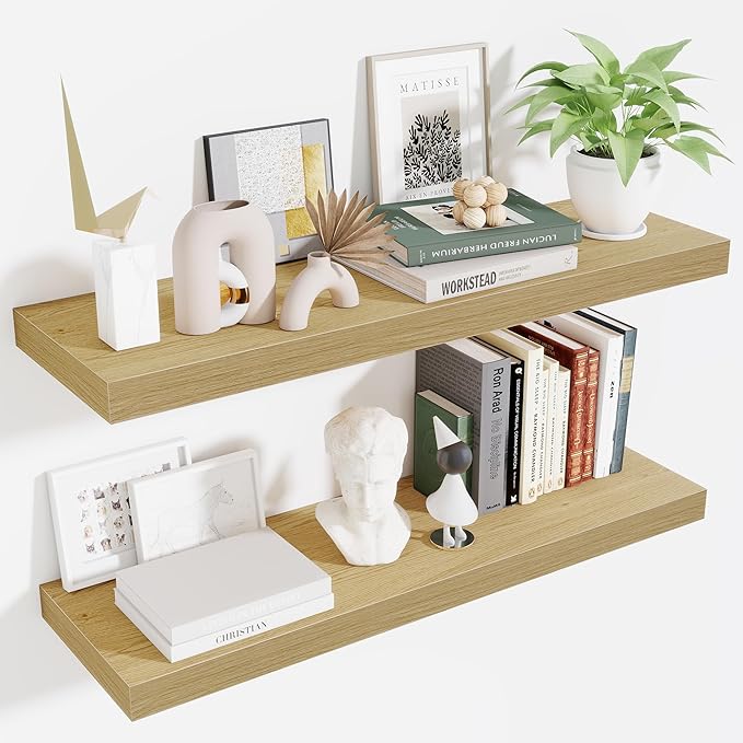 Fun Memories Floating Shelves for Wall 36 Inches, Wood Shelves with Invisible Bracket, 10" Deep Shelves Wall Mounted, Large Wood Floating Shelves for Living Room Bathroom, Oak, Set of 2-Ruum Studio Home