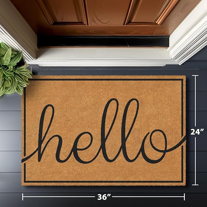 Barnyard Designs Natural Coco Coir Heavy Duty Backing Doormat - Large Cute Non-Slip Front Door Welcome Mat for Outside Entrance or Porch Entry, Brown (24x36, Hello)-Ruum Studio Home