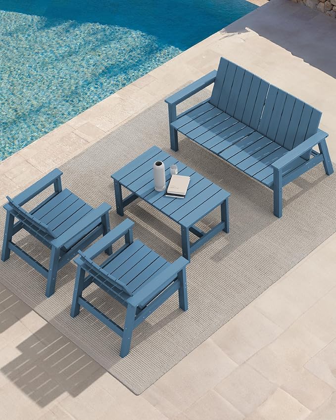 SERWALL Rectangle Outdoor Coffee Table, HDPE Patio Coffee Table, Navy-Ruum Studio Home