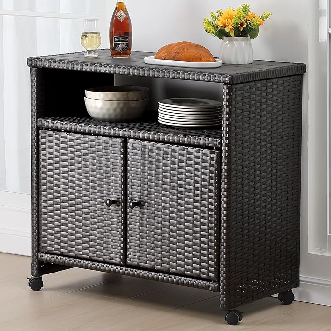 Outdoor Wicker Storage Cabinet - Patio Bar Table with Wheel,Outdoor Buffet Cabinet Movable,Garden Weather-Proof Bar Table/Cart for Indoor&Outdoor (Dark Brown)-Ruum Studio Home