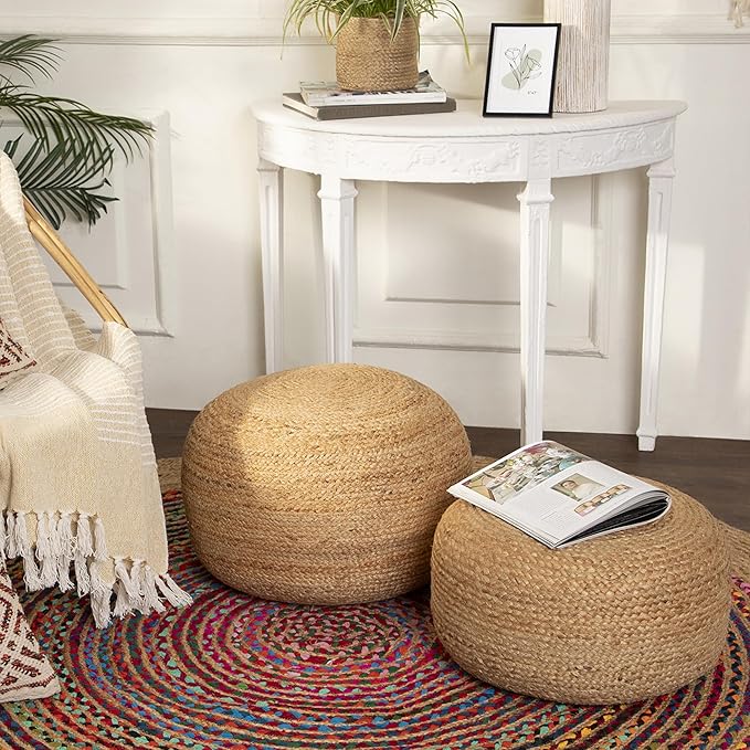 REDEARTH · Jute Circular Low Pouf Ottoman - Braided Pouffe Accent Sitting Round Footrest for Living Room, Bedroom, Nursery, kidsroom, Patio, Gym; 100% Jute (18"x18"x10"; Natural)-Ruum Studio Home
