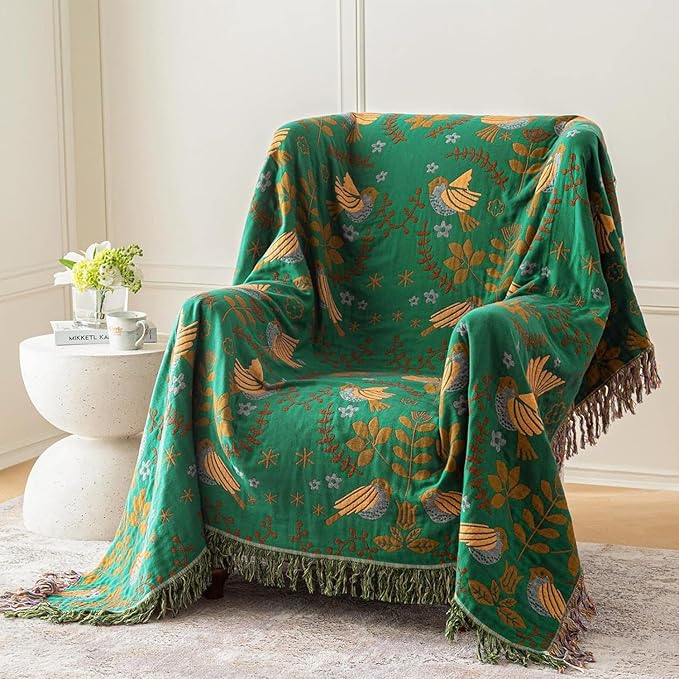 MSGKV Cotton Bed Blanket for Couch and Sofa Blankets for Living Room Bedroom Floral and Birds Throw 80"x90" Breathable Cozy Boho Blankets-Ruum Studio Home