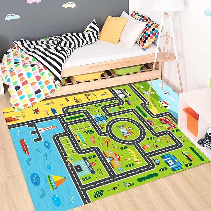 Kids Rug Playroom Car Rug Play Mat City Life Road Rugs Fun City Map for Kids Toy Cars Carpet for Bedroom Boys (Green-Rug, 3.3x4.9ft)-Ruum Studio Home