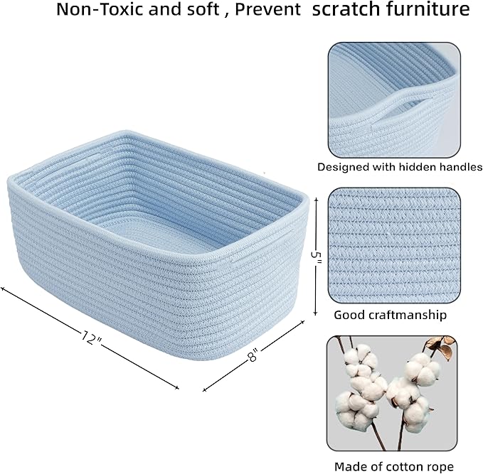 Small Woven Storage Baskets 12“X8”X5“ Decorative Rope Bins for Organizing Shelves, Closets, and Toys, Empty Gift Baskets, Cute Organizer Basket for Home and Office (blue, regular)-Ruum Studio Home