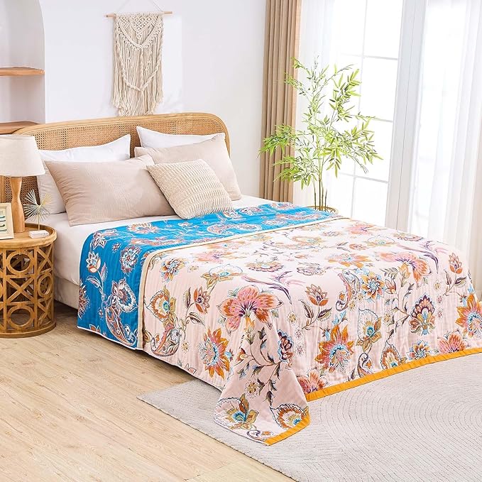 Boho Throw Blanket for Bed, 100% Cotton Soft Rustic Quilt Fall Blanket, 50"x60" Floral Printed Farmhouse Decor Bed Blankets, All Season Rustic Reversible Bohemian Throw Quilt-Ruum Studio Home