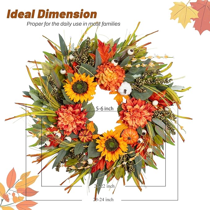 Fall Wreaths for Front Door 24 Inch Fall Wreath with Pumpkins, Sunflowers & Berries – Outdoor Autumn Wreath for Porch, Thanksgiving, Halloween & Harvest Decor-Ruum Studio Home