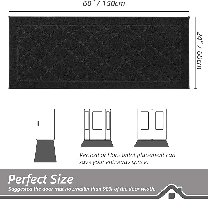 BEQHAUSE Dirt Trapper Door Mat 24" x 60", Doormat Non-Slip Entryway Rugs Washable, Dog Door Mat Stain Resistant and Absorbent Welcome Floor Mat for Front Back Door, Muddy Wet Shoes & Paws, Black-Ruum Studio Home