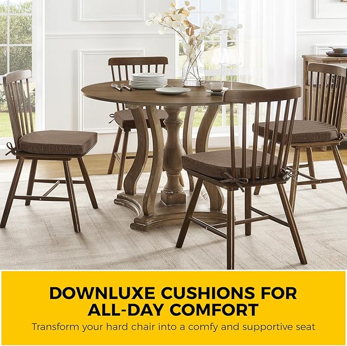 downluxe Indoor Chair Cushions for Dining Chairs, Soft and Comfortable Textured Foam Kitchen Chair Pads with Ties and Non-Slip Backing, 16" x 16" x 2", Brown, 2 Pack-Ruum Studio Home
