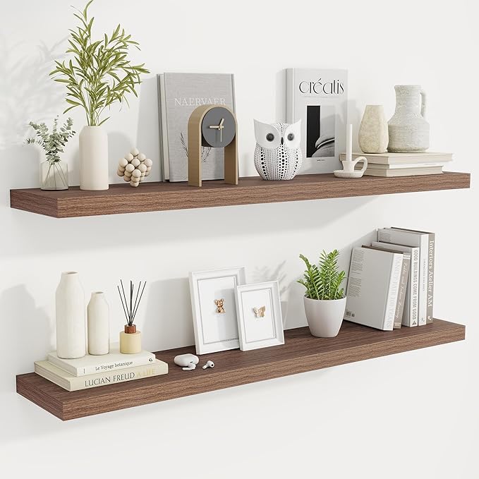 Fun Memories 48 Inch Deep Floating Shelves for Wall, 2 Pack of Long Wall Mounted Wood Shelves with Invisible Brackets for Bathroom, Bedroom, Living Room, Kitchen Decor and Storage, Walnut-Ruum Studio Home