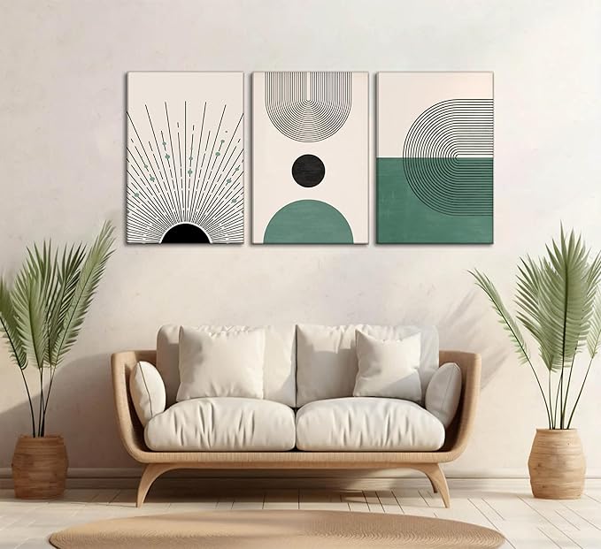 3 Pcs Sage Green Boho Canvas Wall Art Modern Abstract Minimalist Neutral Bohemian Sun Geometric Line Painting Picture Wall Decor Poster Print Artwork for Living Room Bedroom Home Decoration-Ruum Studio Home