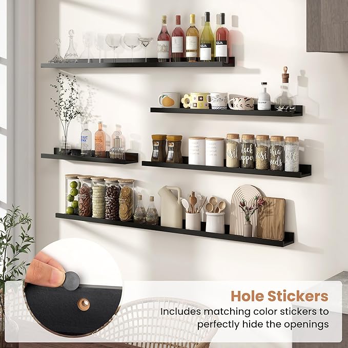 Fun Memories Picture Ledge Shelves Set of 2, 36 Inch Rustic Wall Mounted Floating Shelves with Lip for Home Storage and Décor in Bathroom, Kitchen, Nursery, Bedroom, Living Room, Black-Ruum Studio Home