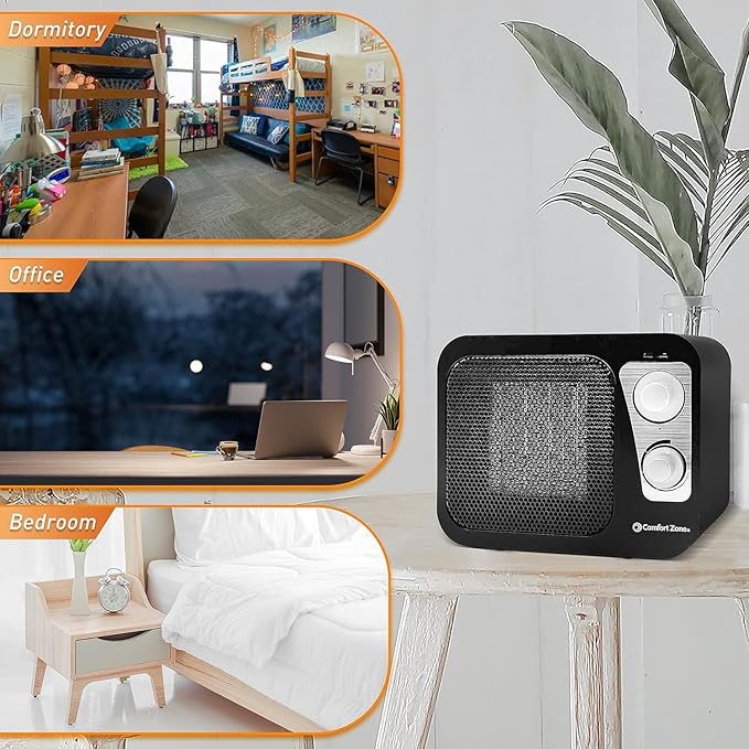Comfort Zone Space Heaters for Indoor Use, Portable Heater, Fast Heating, Electric Heater, Thermostat, Retro Design, Bedroom Heater with Overheat Protection, Safety Tip-Over Switch 1,500W, Black-Ruum Studio Home