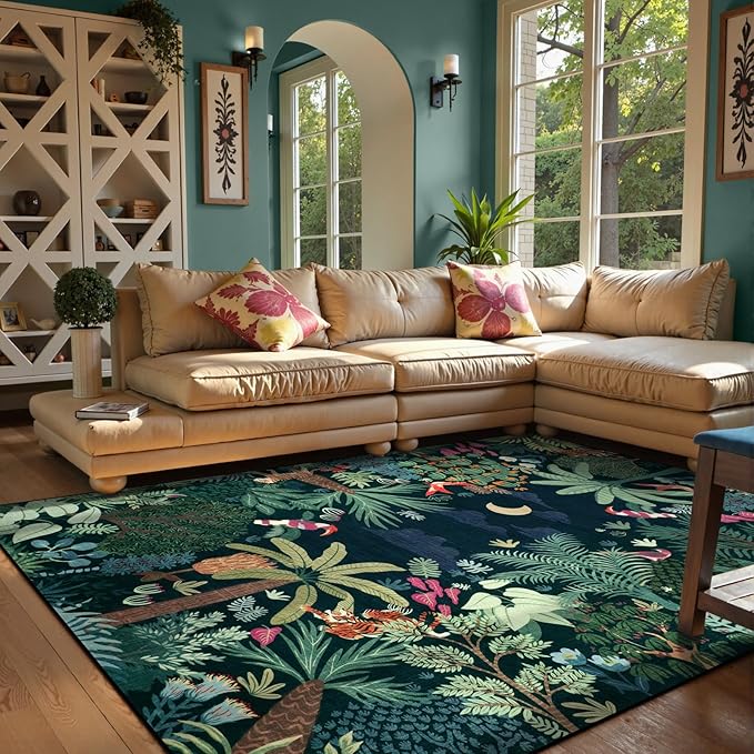 LIVEBOX Washable Bedroom Rug 8x10 Under Bed, Modern Stain Resistant Dark Green Botanical Rug for Living Room Playroom Kids Boy Room, Non-Slip Jungle Forest Print Rugs for Nursery Baby-Ruum Studio Home