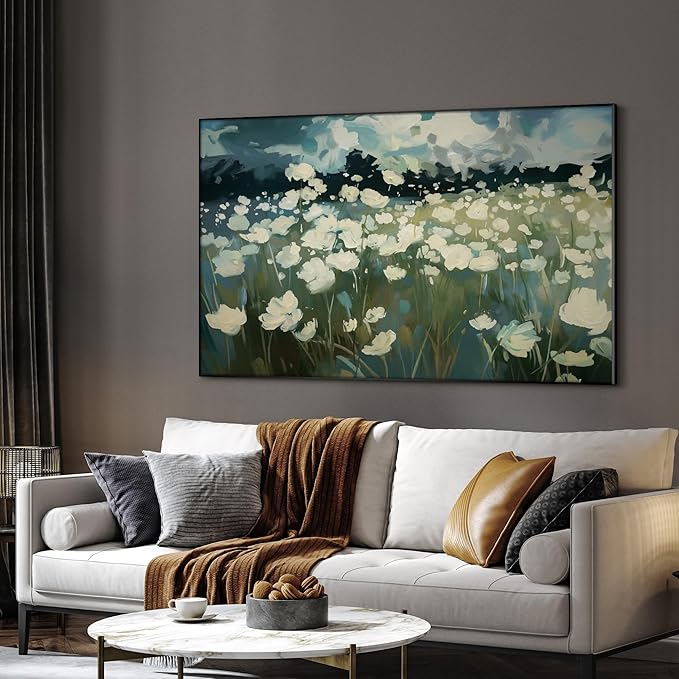 SIGNWIN 30"x60" Extra Large Framed Wall Art White Wildflower Field in Impressionist Style, Soft Floral Landscape for Home Living Room Bedroom Decor (Frame Assembly Required)-Ruum Studio Home