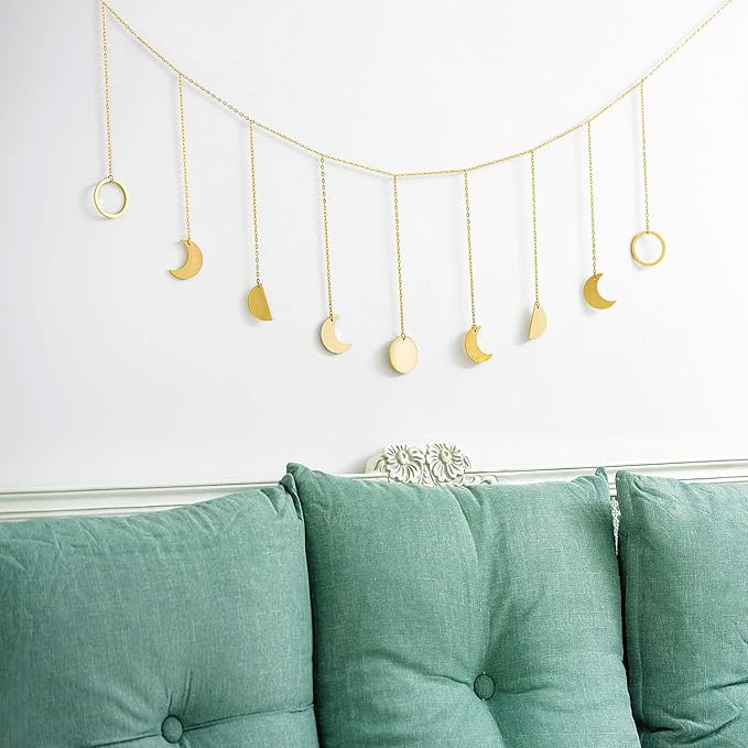 Mkono Moon Phase Wall Hanging Boho Aesthetic Room Decor Metal Moons Garland Hanging Art Bohemian Home Decoration for Girls Room Nursery Bedroom Livingroom Dorm, Ideal, Gold, 50"-Ruum Studio Home