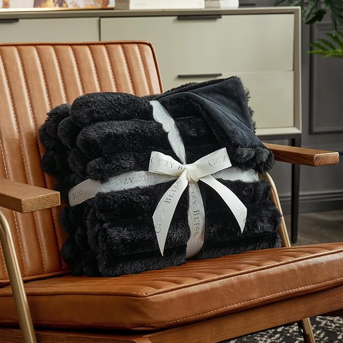 Cozy Bliss Faux Fur Throw Blanket for Couch, Cozy Warm Plush Striped Blanket for Sofa Bedroom Living Room,60 * 80 Inches Black-Ruum Studio Home
