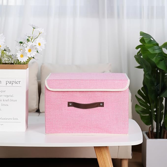 ANMINY Storage Bin with Lid Storage Boxes with PU Leather Handles PP Plastic Board Decorative Foldable Lidded Cotton Linen Fabric Home Cubes Baskets Closet Organizer Container - Pink, Large Size-Ruum Studio Home