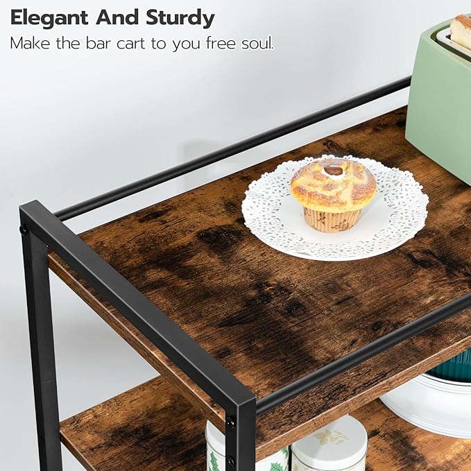 HOOBRO Bar Cart for The Home, Serving Cart with Wine Glass Hooks, Rolling Kitchen Cart with Lockable Wheels, 25.2 x 15.7 x 33.3 Inches Beverage Cart with Storage Shelves, Rustic Brown BF02TC01-Ruum Studio Home