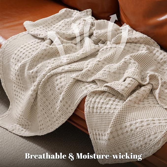 PHF 100% Cotton Waffle Weave Throw Blanket, Soft Lightweight Breathable Cozy Summer Throws for Couch Bed Sofa, Luxury Aesthetic Woven Blanket for Home Decor & Office, 50"x60", Oatmeal-Ruum Studio Home