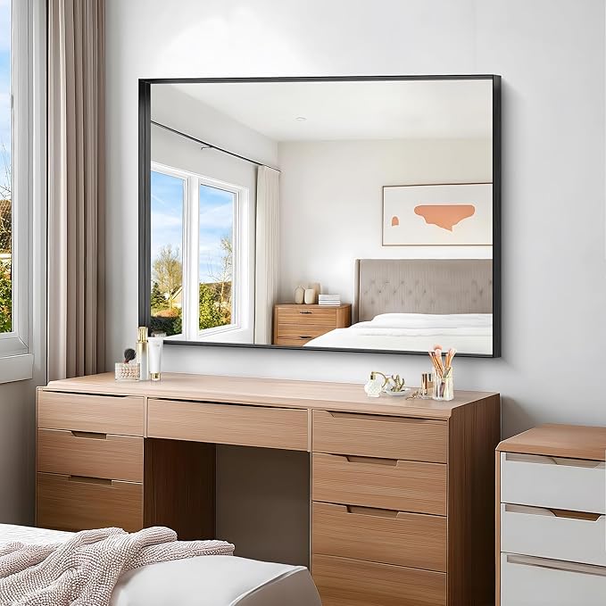 Black Bathroom Mirror, 36x48 Inch Rectangular Deep Frame Mirror, Large Wall Mounted Bathroom Vanity Mirror Over Sink for Bedroom,Restroom, Living Room, Hangs Vertically or Horizontally-Ruum Studio Home