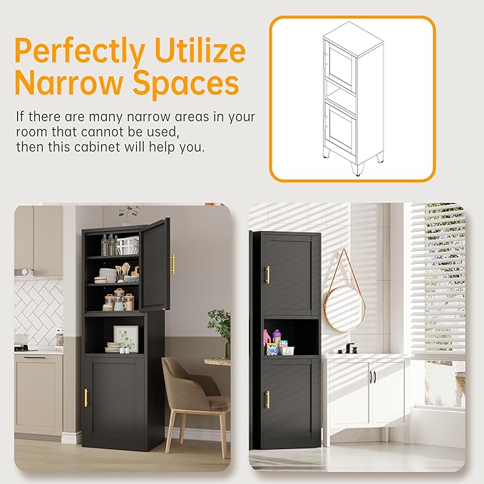 Tall Narrow Storage Cabinet 66.93" H Tall Bathroom Cabinet Metal Pantry Cabinets, 4 Adjustable Shelves for Kitchen, Home Office, Living Room, Dinning Room (20 inches Wide Black)-Ruum Studio Home