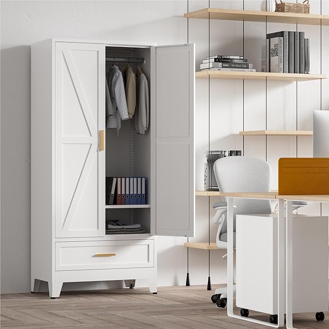 71'' Farmhouse Metal Wardrobe Cabinet with Hanging Rod, 2 Barn Door Wardrobe Closet with Adjustable Shelves,Drawer,for Dining Room,Bedroom,Living Room, Cloak Room,Office (White)-Ruum Studio Home