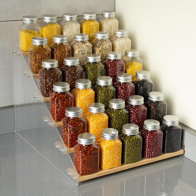nianfeng Tiered Spice Rack, 6-Tier Spice Pantry Kitchen Cabinet Organizer, 12-Inch, Natural Wood Acrylic Stair Riser Stand, Countertop Seasoning Shelf-Ruum Studio Home