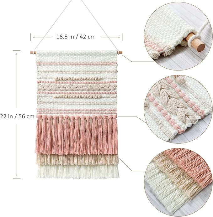 Dremisland Macrame Woven Wall Hanging Home Decor Bohemian Beige Geometric Wave Art Decor with Wool Ball and Tassle-Elegant Apartment Bedroom Dorm Room Door Decoration (Pink Line)-Ruum Studio Home
