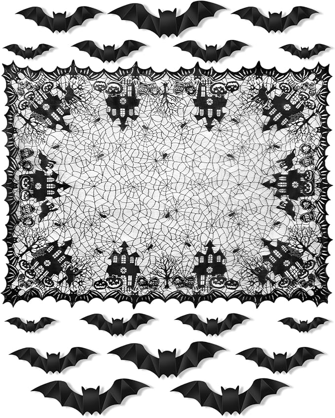 eZAKKA Halloween Table Cloth with 16 Pcs Bats Wall Decor, Spider Web Table Cloth Black Tablecloth Lace Fabric Table Cloths for Rectangle for Parties Gothic Spooky Home Decorations, 53x68 Inch-Ruum Studio Home