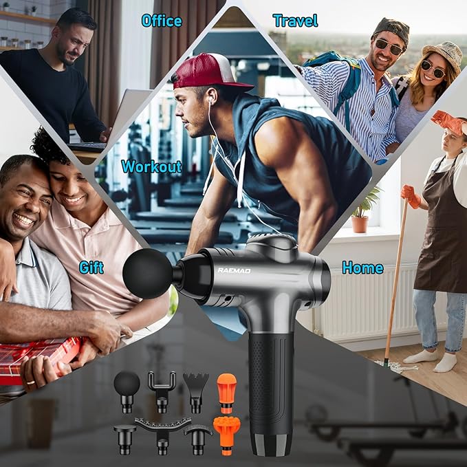 RAEMAO Massage Gun, Handheld Electric Deep Tissue Muscle Massager for Athletes for Pain Relief Attaching 8 Replacement Heads, Percussion Massager with 10 Speeds, Father's Day Gifts, Grey-Ruum Studio Home