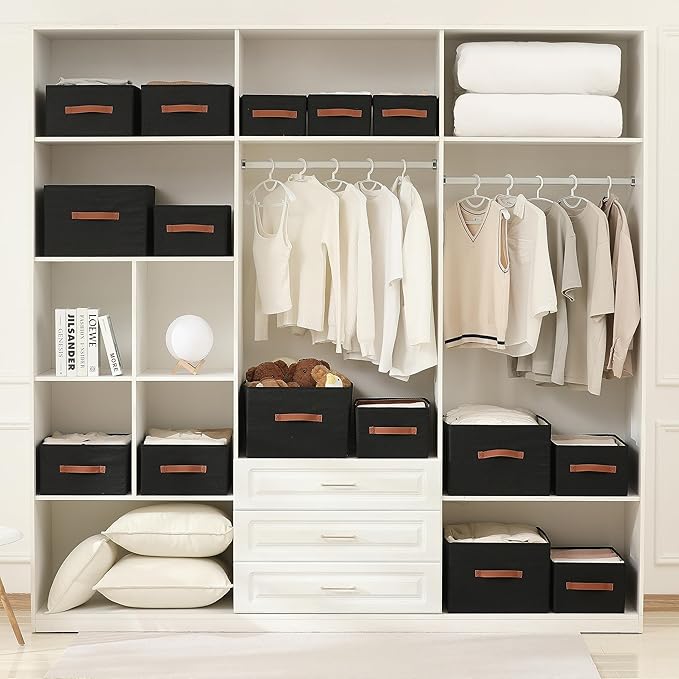 linen closet organizers and storage, 3 Pack Large Storage Baskets, Washable, Clothing Storage Bins with Handle, Closet Organizer for Storage Sweater,Sheets (Black, 16"x9½"x6¾")-Ruum Studio Home