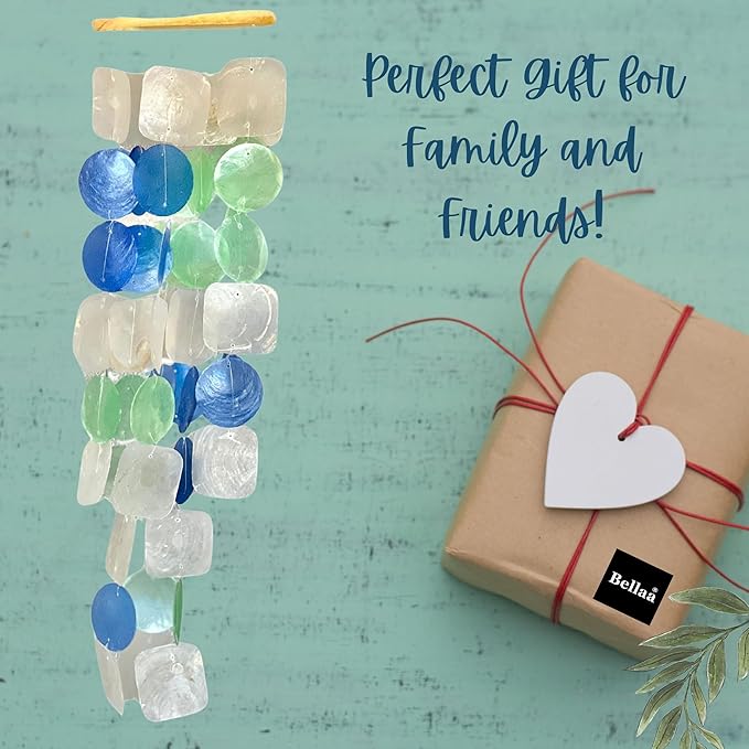 Bellaa 22906 Wind Chimes Outdoor, Garden Decorations, Musical, Indoor/Outside Windchimes, Beach, Ocean Breeze, Gifts for Mom, Gift for All Occasions, Capiz Sea Glass Shells Wood White Blue Green-Ruum Studio Home