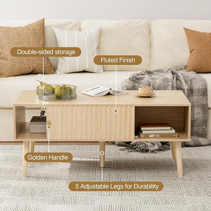 Coffee Table with Storage, Boho Dining Table with Sliding Fluted Door and Solid Wood Legs, Small Coffee Tables for Living Room, Oak-Ruum Studio Home