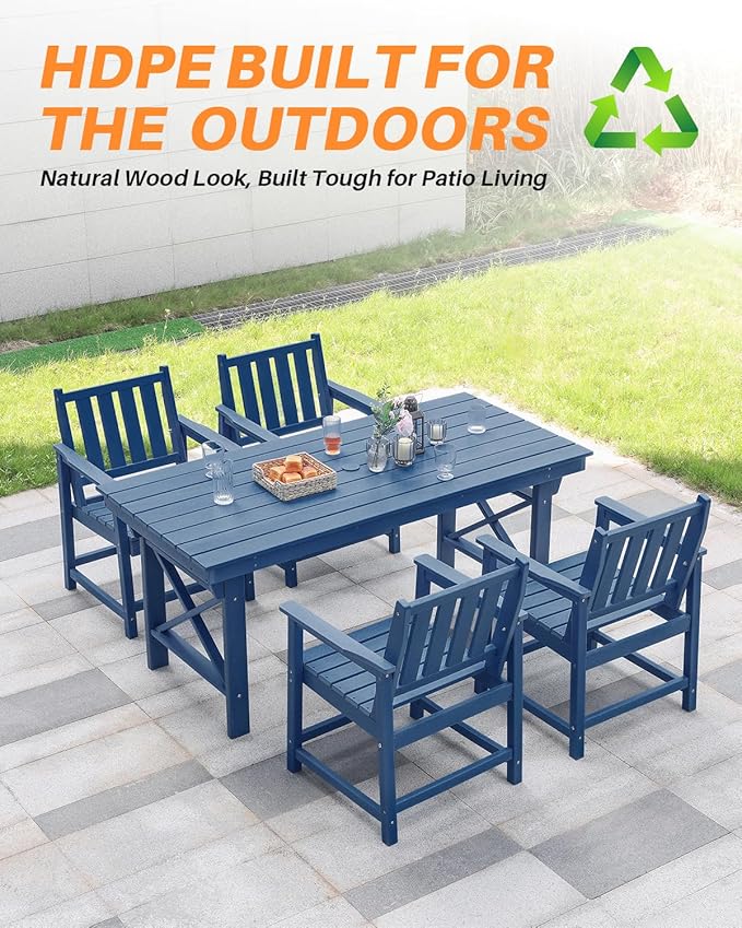 HDPE Outdoor Dining Table, 66.9” Rectangle Patio Dining Table for 6, All-Weather HDPE Outdoor Table with 2.2” Umbrella Hole, HDPE Patio Furniture for Deck, Backyard, Garden, Pool, Navy-Ruum Studio Home
