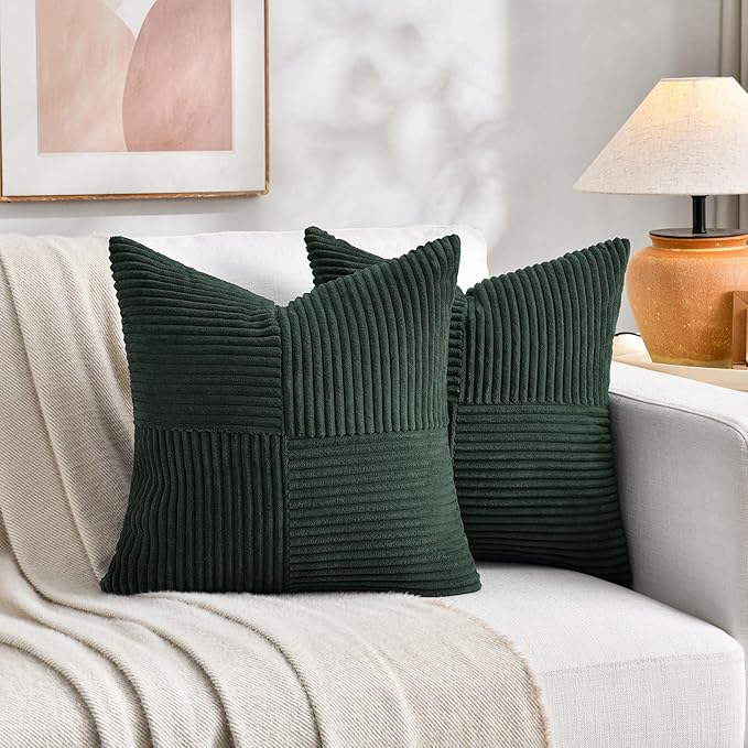 Fancy Homi Set of 2 Dark Green Samll Decorative Throw Pillow Covers 14x14 Inch for Living Room Couch Bed, Boho Farmhouse Forest Green Home Decor, Soft Corss Corduroy Patchwork Textured Cushion Case-Ruum Studio Home