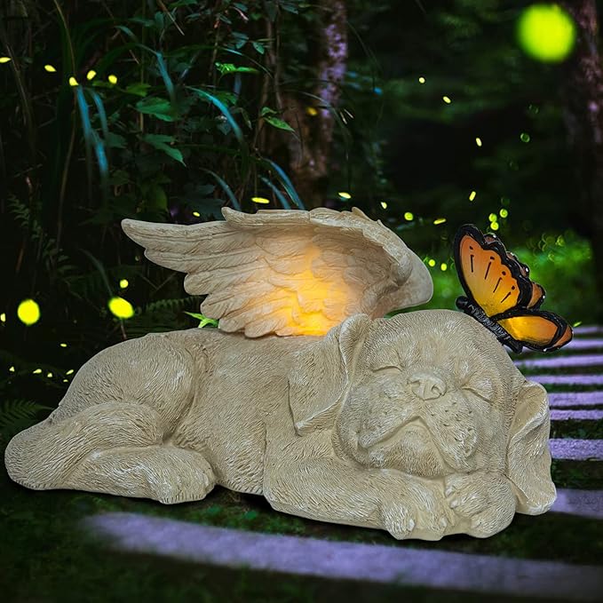 WONDER GARDEN Sleeping Dog Angel Statue with Solar Light - Pet Memorial Stone, in Memory of Dog, Marker Tribute Statues, Resin Guardian Angels, Bereavement Gift-Ruum Studio Home