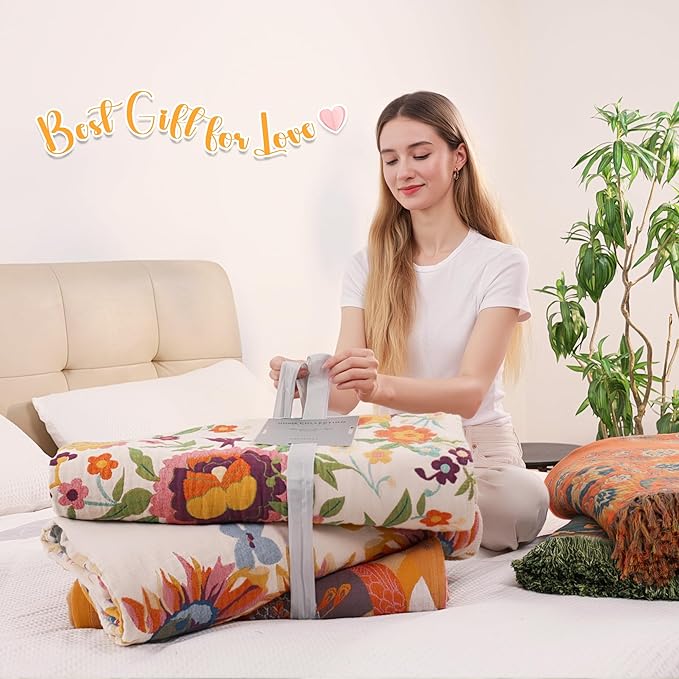 Boho Throw Blanket, 100% Organic Muslin Cotton Breathable Ultra Soft Bed Quilt Throw - All Season Floral Bird Butterfly Farmhouse Decor Blanket for Sofa Couch Chair and Gift. 60" x 80"-Ruum Studio Home