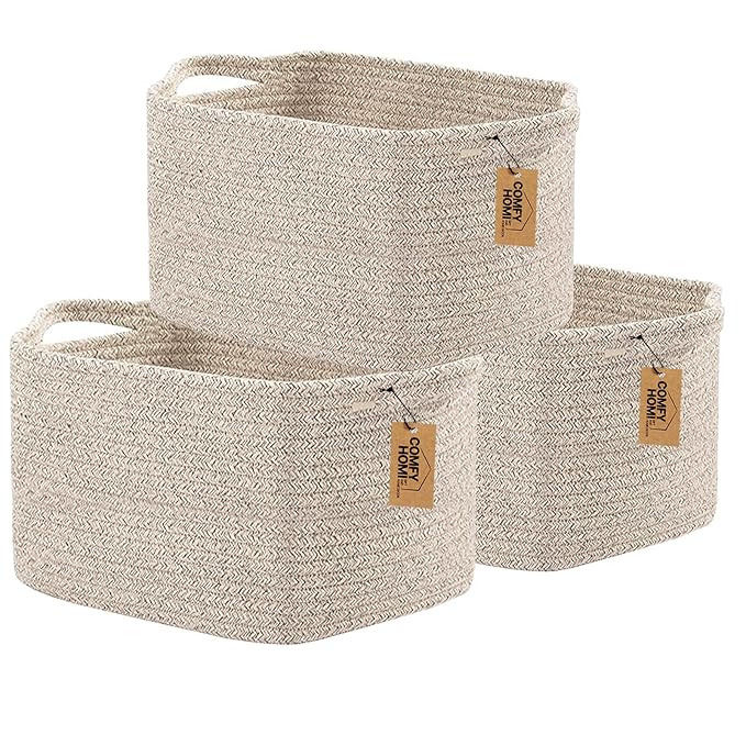 COMFY-HOMI 3PACK Cotton Rope Woven Basket With Handles for Shelves, Toy, Book, Cloth Storage Basket for Organizing|13.5" x 11" x 9.5" Decorative Nursery Cube Bin for Living Room（all brown）-Ruum Studio Home