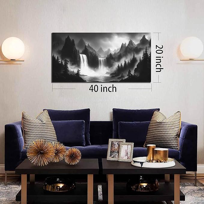Mountain Wall Pictures for Living Room Decor - Black and White Wall Art Bedroom - Waterfall Canvas Wall Art for Office Size 20" x 40"-Ruum Studio Home