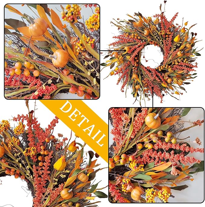 WANNA-CUL 24 inch Fall Wreath Decor for Front Door with Pumpkins, Hawthorn,Grain,Lantern Fruit,Berries,Eucalyptus Leaves, Large Harvest Door Wreath for Autumn or Thanksgiving Decoration-Ruum Studio Home