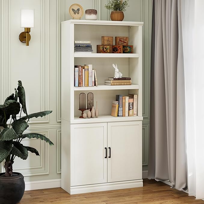 70 Inch Tall Bookcase with Doors, Library Office Bookshelf with Adjustable Shelves, Floor Standing Storage Cabinet for Bedroom Living Room Organizer with Anti Tipping Kit, Soft White Finish-Ruum Studio Home