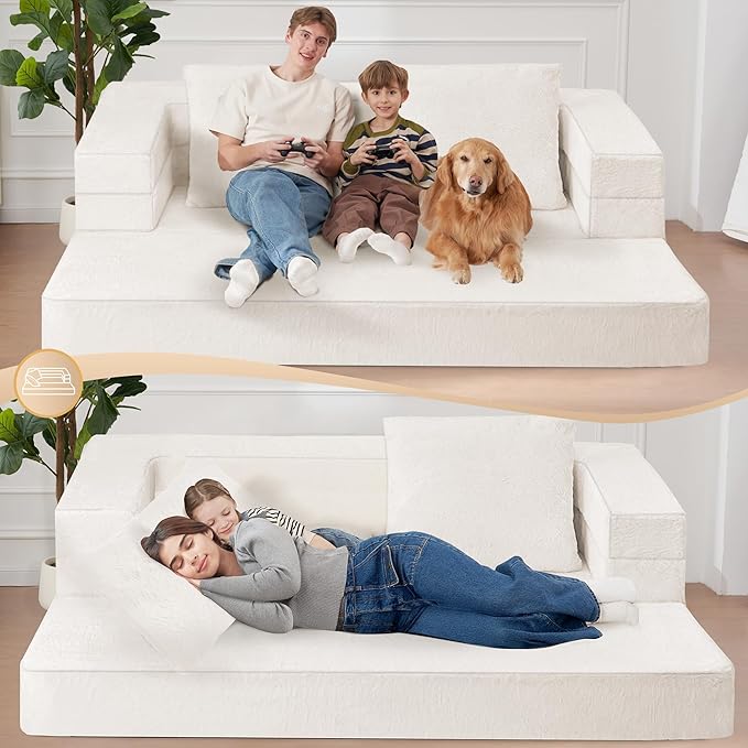 Folding Bean Bag Chair for Adults,3-in-1 Bean Bag Couch Faux Fur Floor Sofa Large Beanbag Convertible Bean Bag Sofa Bed with Pillow in Bedroom,Living Room,Apartment(Queen,Milky White)-Ruum Studio Home