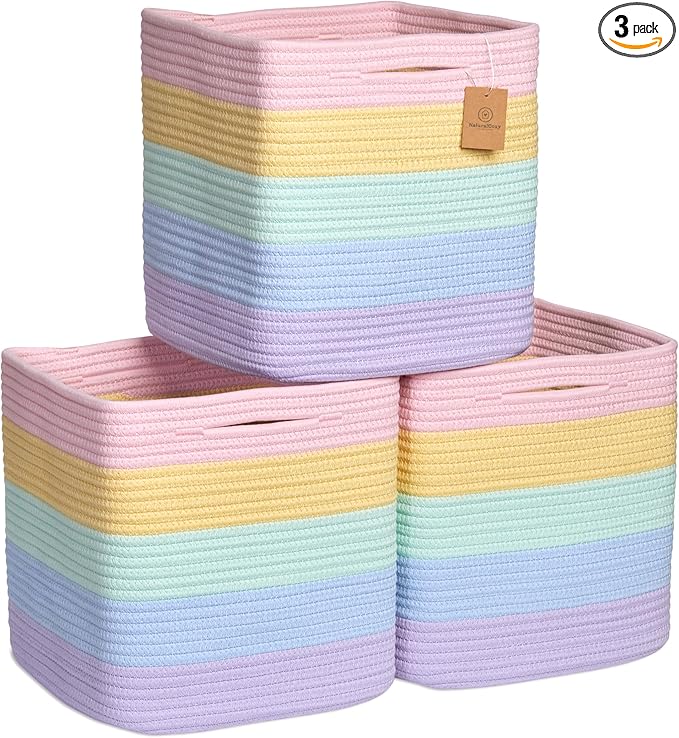 NaturalCozy Storage Cubes 11 Inch Cotton Rope Woven Baskets for Organizing, 3-Pack | Cube Storage Bin | Square Storage Baskets for Shelves Organizer, Classroom, Kids Toy Bins, Closet, Baby Nursery-Ruum Studio Home