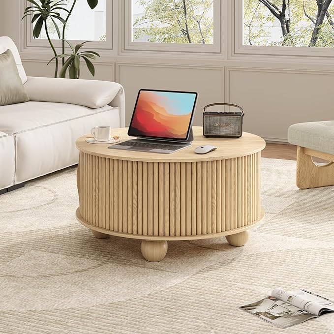Round Coffee Table with Storage,Fluted Lift Up Coffee Table with Sliding Door,31.5" Drum Center Table with Bun Feet for Living Room,Home Small Space,Oak-Ruum Studio Home